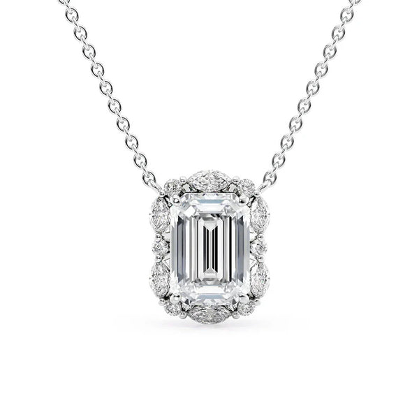 Colorless Moissanite Emerald Cut Unique Halo Pendant