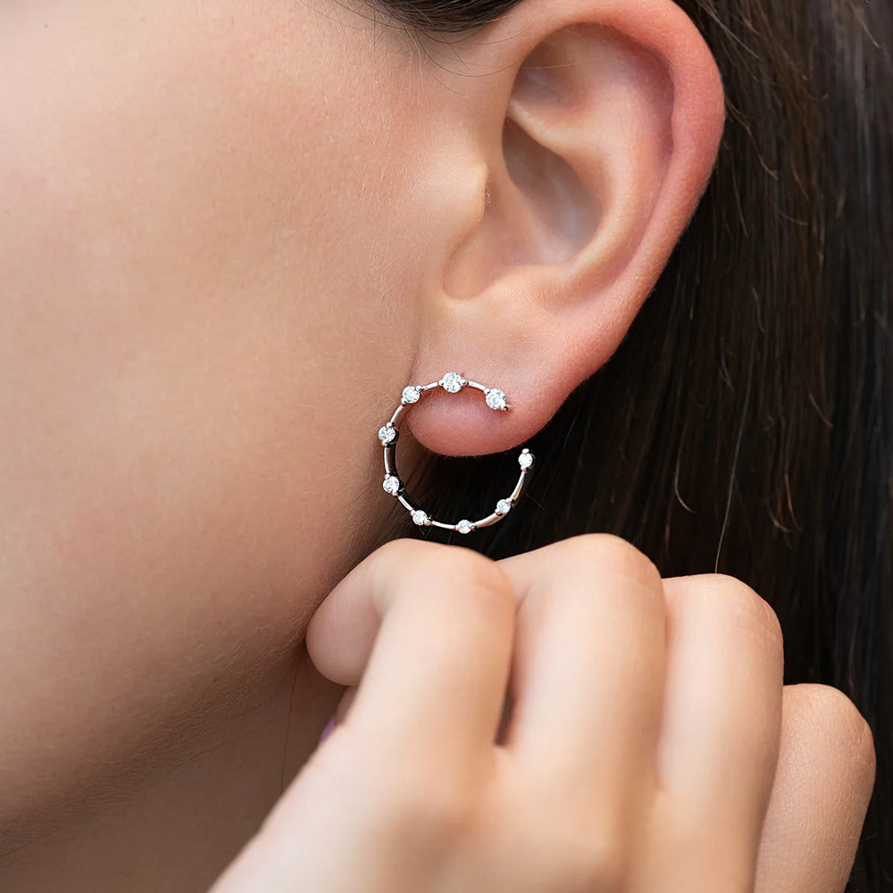 Distance Pave Moissanite Half Hoop Earrings in 14K White Gold