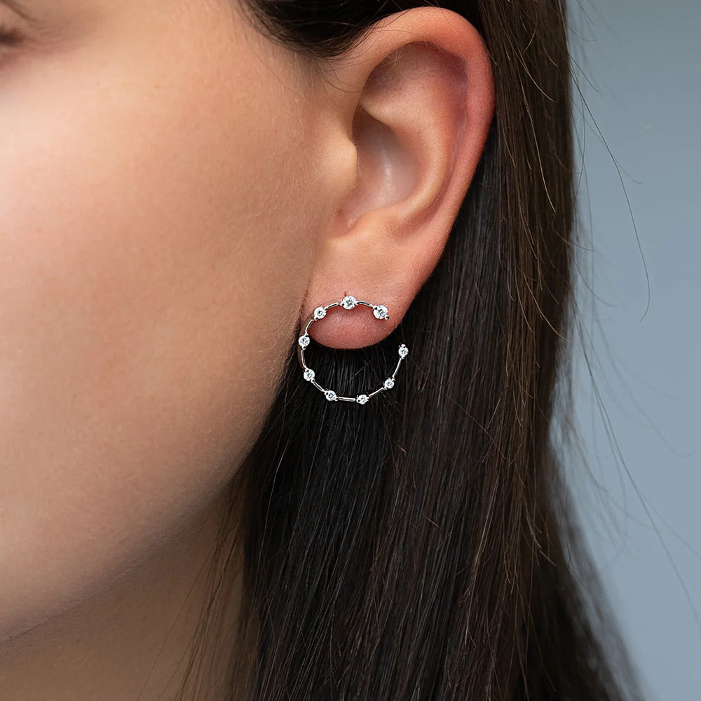 Distance Pave Moissanite Half Hoop Earrings in 14K White Gold