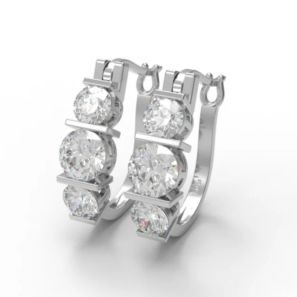 Round Cut Three Stone Moissanite Hoop Earrings