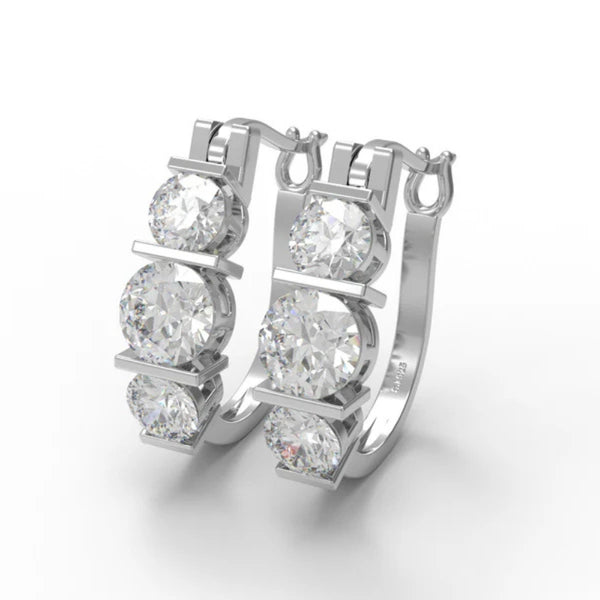 Round Cut Three Stone Moissanite Hoop Earrings