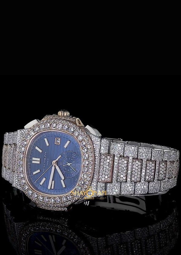 Iced Out Moissanite Dual Tone Blue Dial Hip Hop Watches