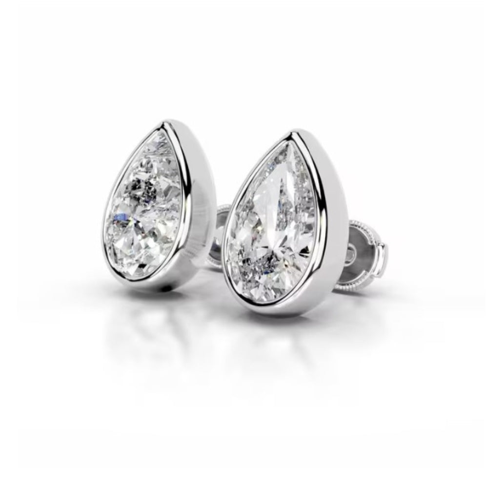 Moissanite Pear Cut Solitaire Bezel Set Stud Earring