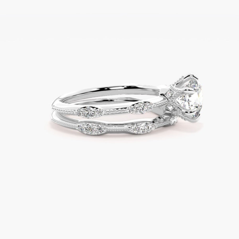 Round Cut Moissanite Filligree Style Wedding Ring Set
