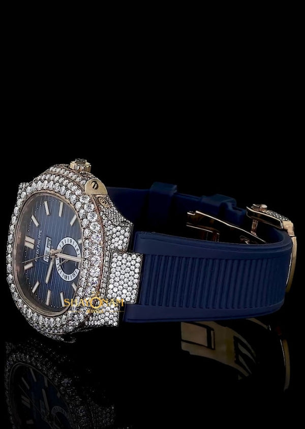 Blue Dial Iced Out Moissanite Rubber Strap Men's Watch