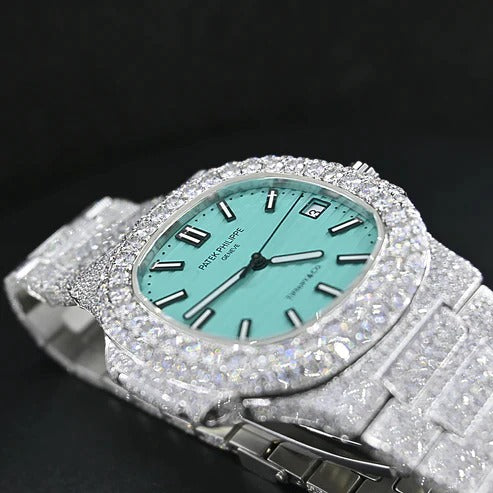 Blue Dial Patek Iced Out Moissanite Hip Hop Luxury Watches