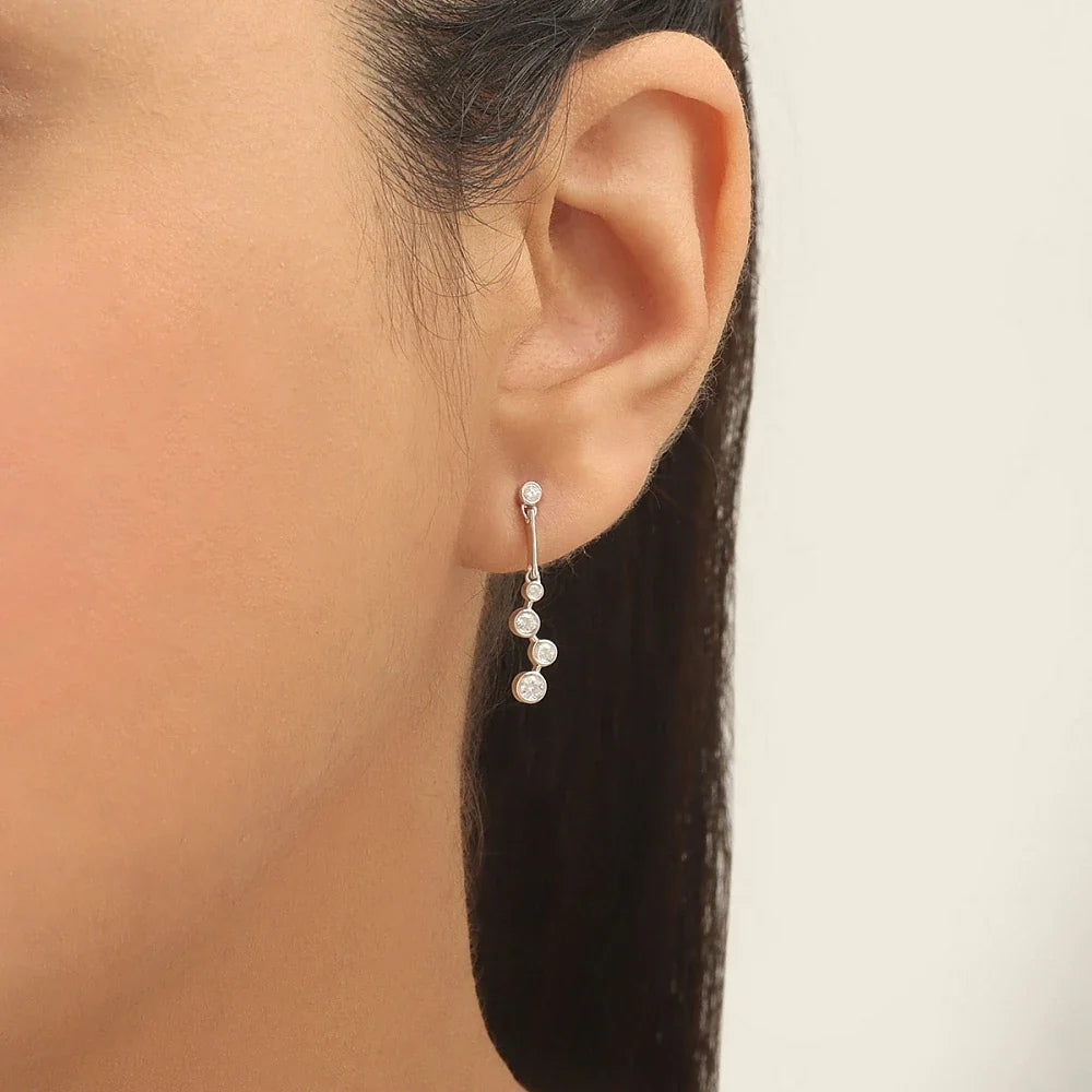 14K White Gold Bezel Set Round Moissanite Drop Dangle Earrings