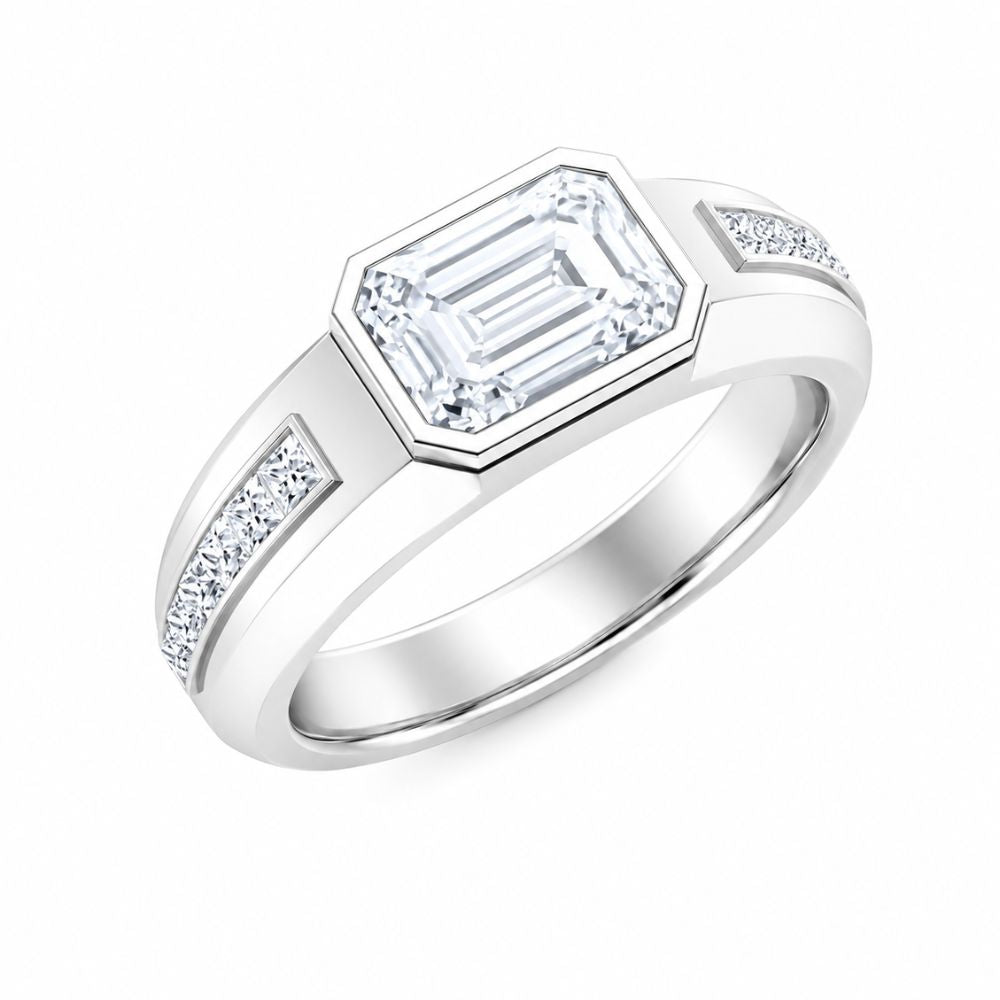 Bezel Set Emerald Cut Lab Grown Diamond Men's Ring For Birthday Gift