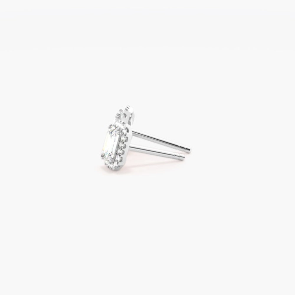 Emerald Cut Moissanite Halo Style Stud Earring