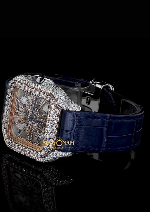 Dual Tone Moissanite Diamond Skeleton Leather Belt Watch