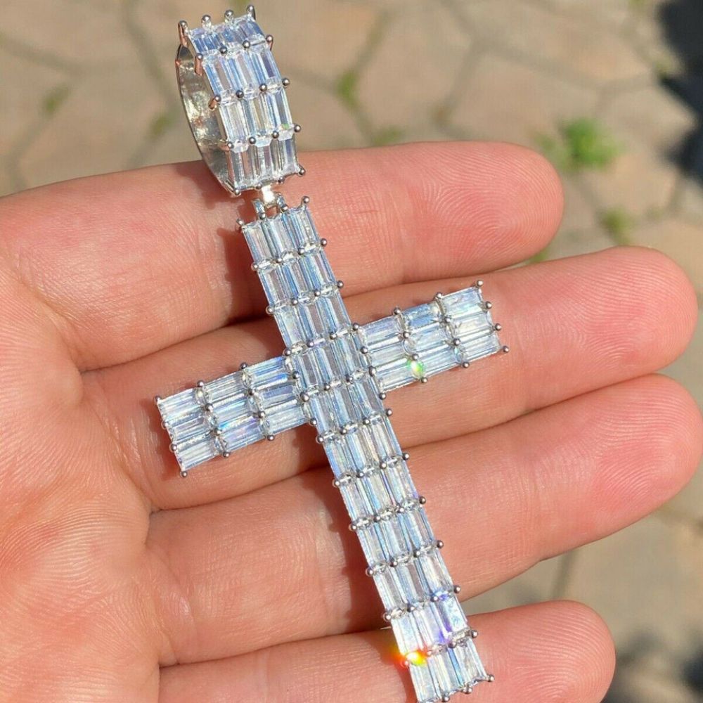 Iced Out Baguette Cut Moissanite Diamond Cross Pendant