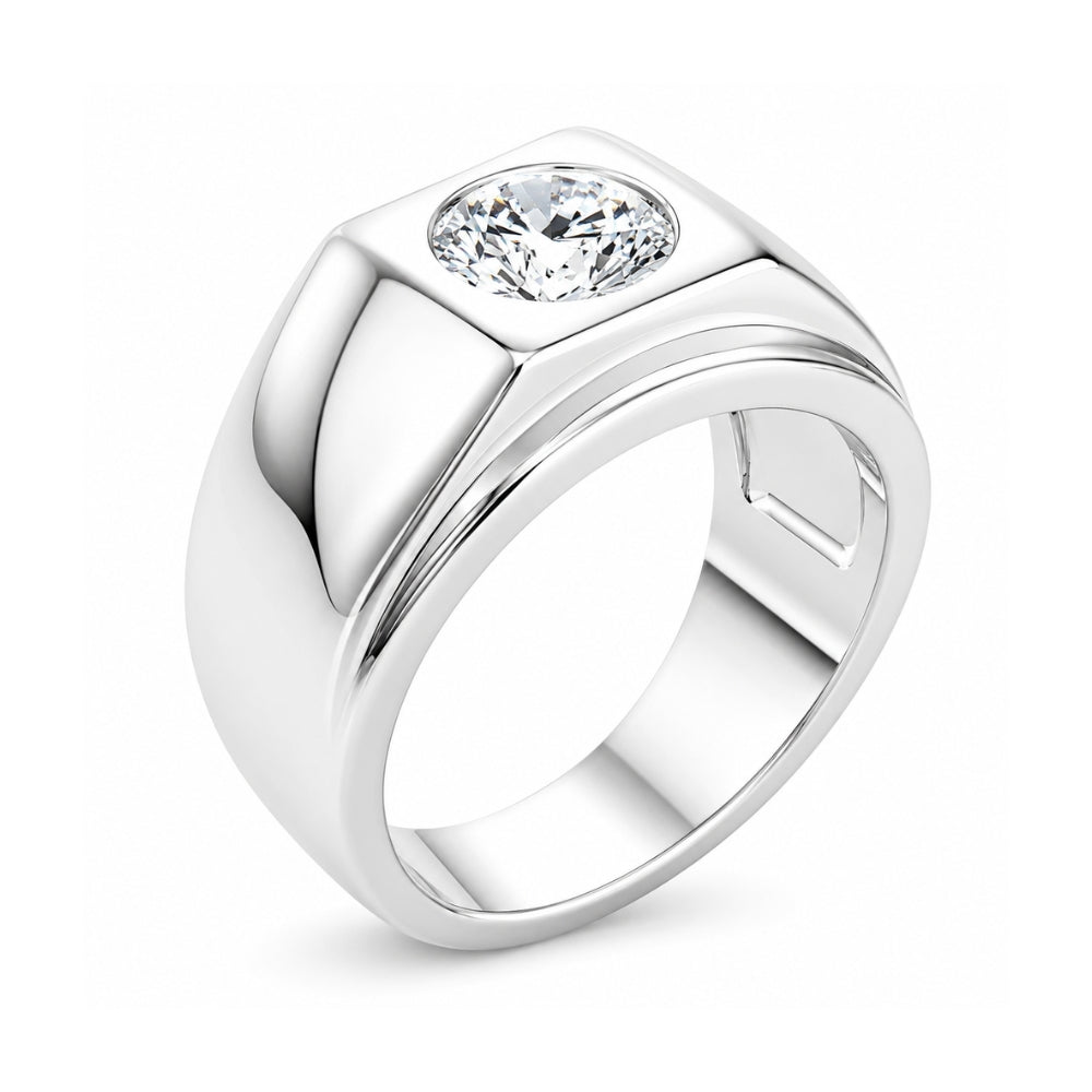 Round Cut Lab Grown Diamond Solitaire Bezel Set Men's Ring