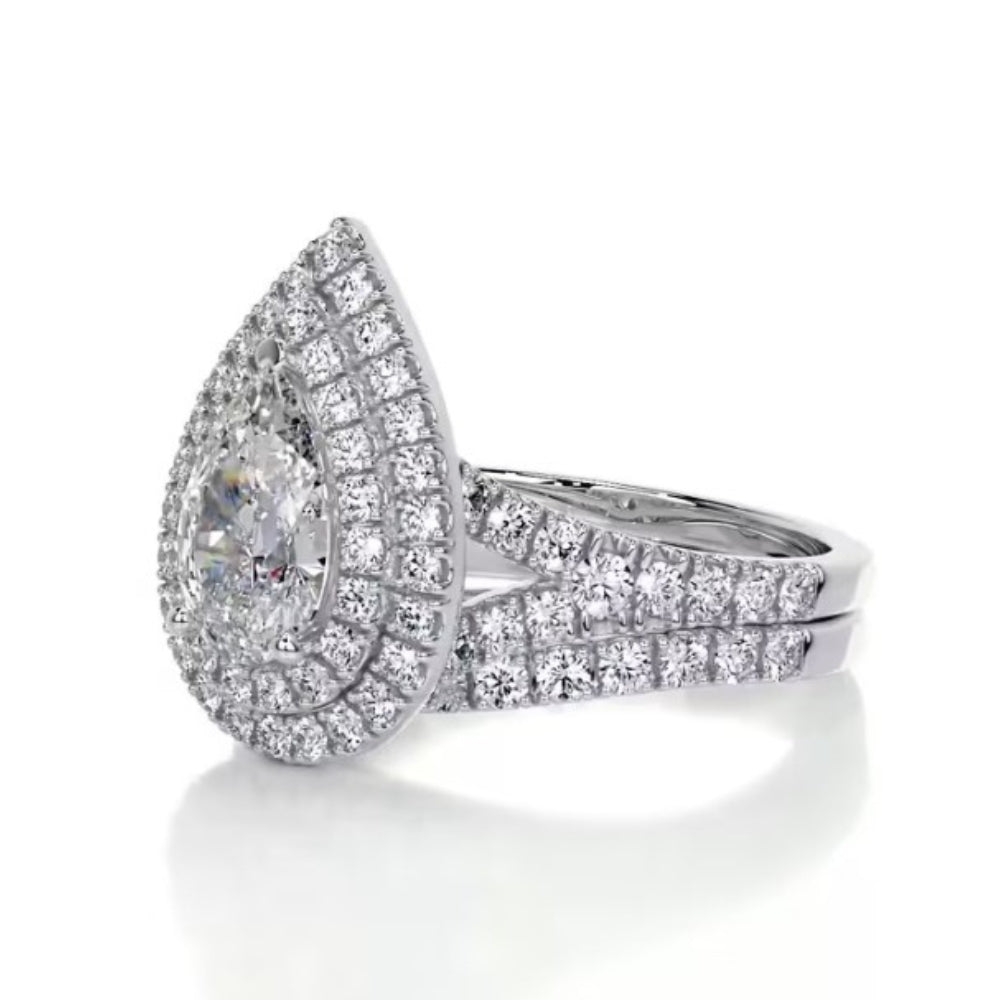 Pear Cut Moissanite Double Halo Style Wedding Ring Set For Her