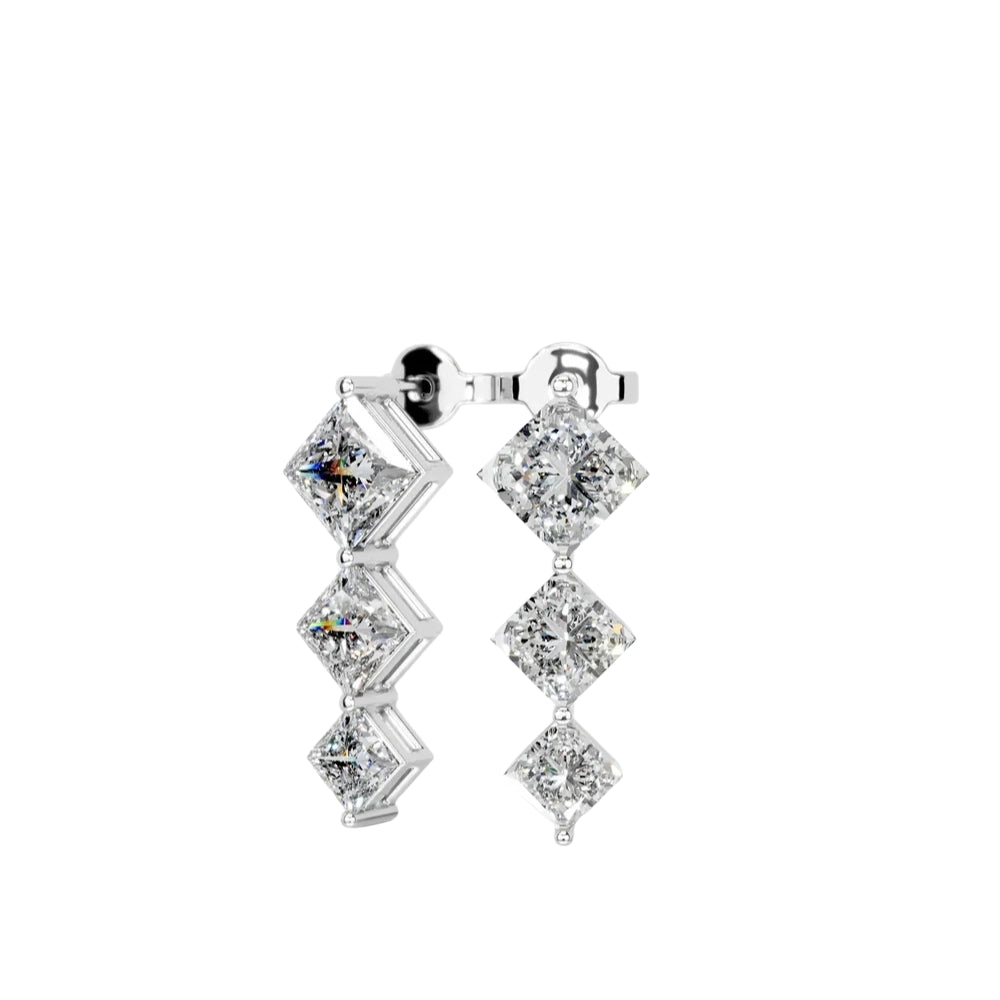 Colorless Moissanite Princess Cut Three Stone Drop Dangle Earrings