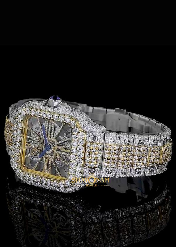 Iced Out Moissanite Diamond Dual Tone Skeleton Wrist Watch