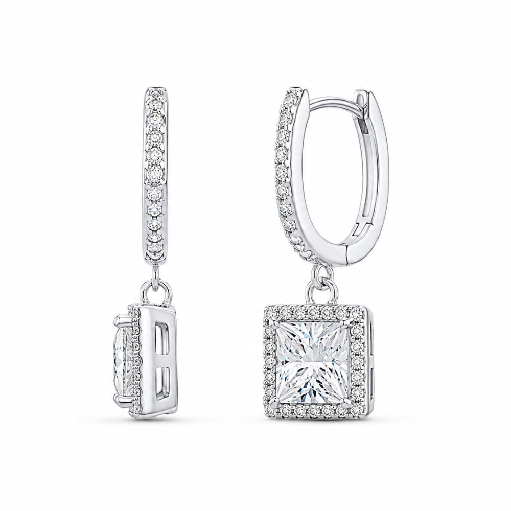 Princess Cut Halo Style Moissanite Drop Dangle Earrings