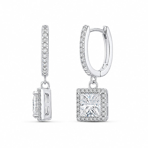 Princess Cut Halo Style Moissanite Drop Dangle Earrings
