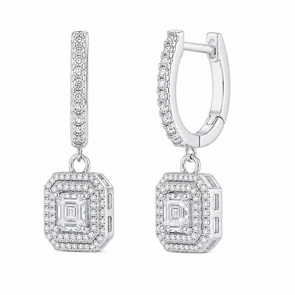 Classic Asscher Cut Moissanite Double Halo Style Drop Dangle Earrings