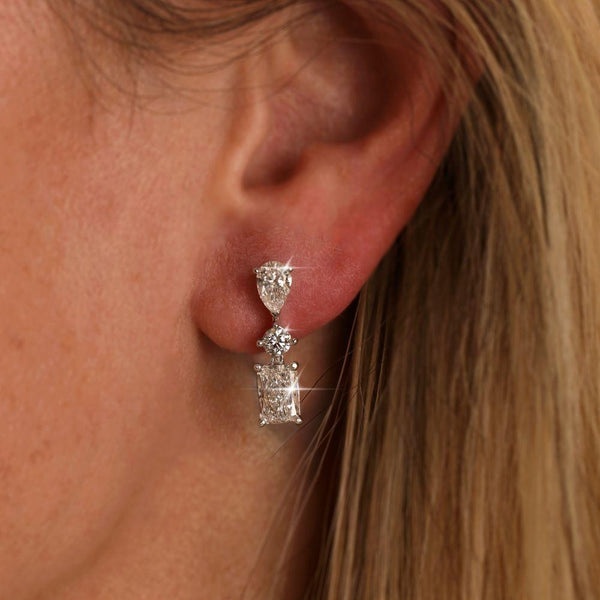 Multi Diamond Moissanite Three Stone Drop Dangle Earrings