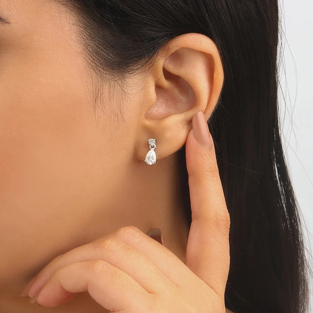Minimalist Pear Cut And Round Cut Moissanite Drop Dangle Earrings