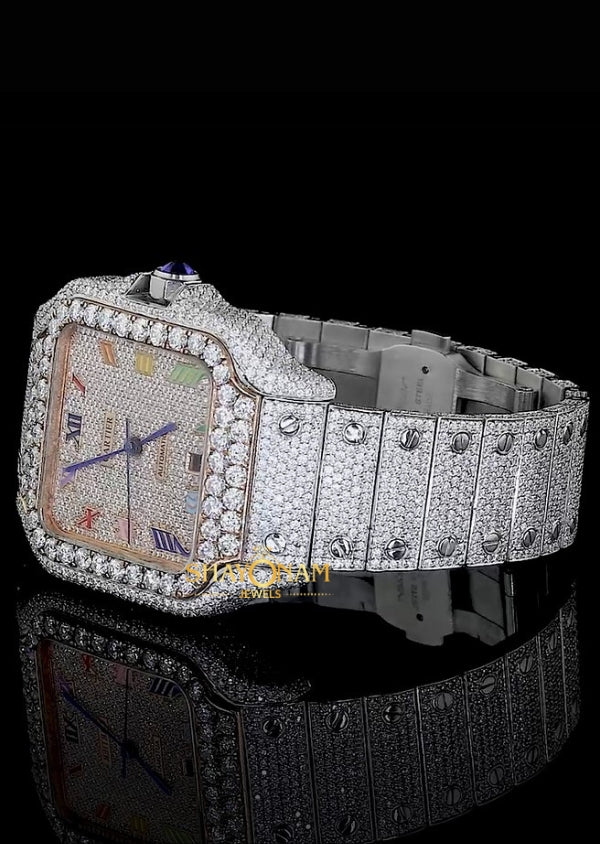 Dual Tone Moissanite Iced Out Rainbow Dial Luxury Watch