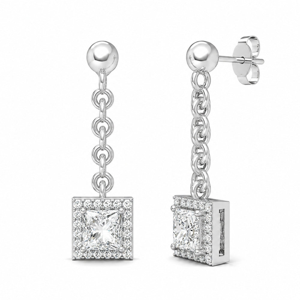 Princess Cut Moissanite Halo Style Drop Dangle Earrings For Women