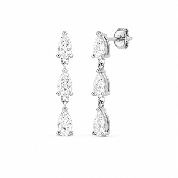 Pear Cut Moissanite Three Stone Drop Dangle Earrings