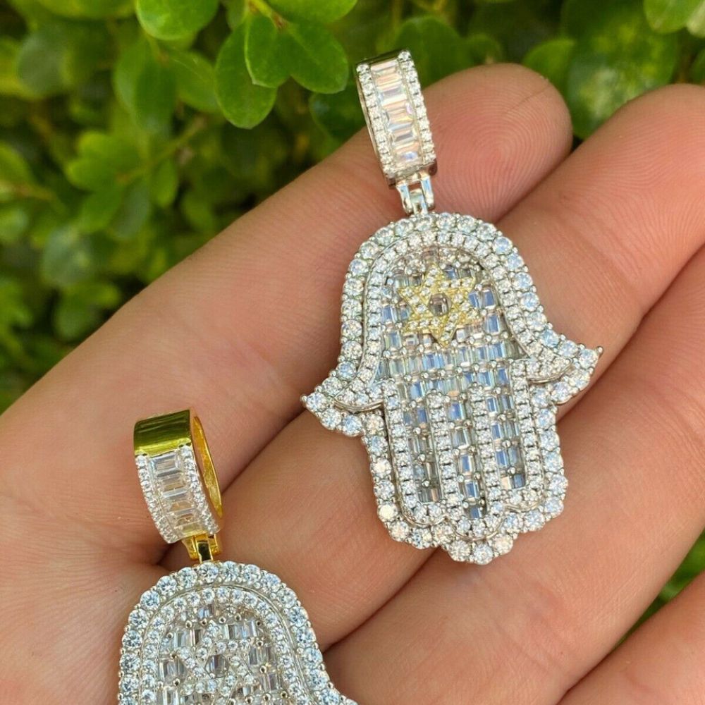 Baguette Cut Moissanite Hamsa Hand Iced Out Hip Hop Pendant