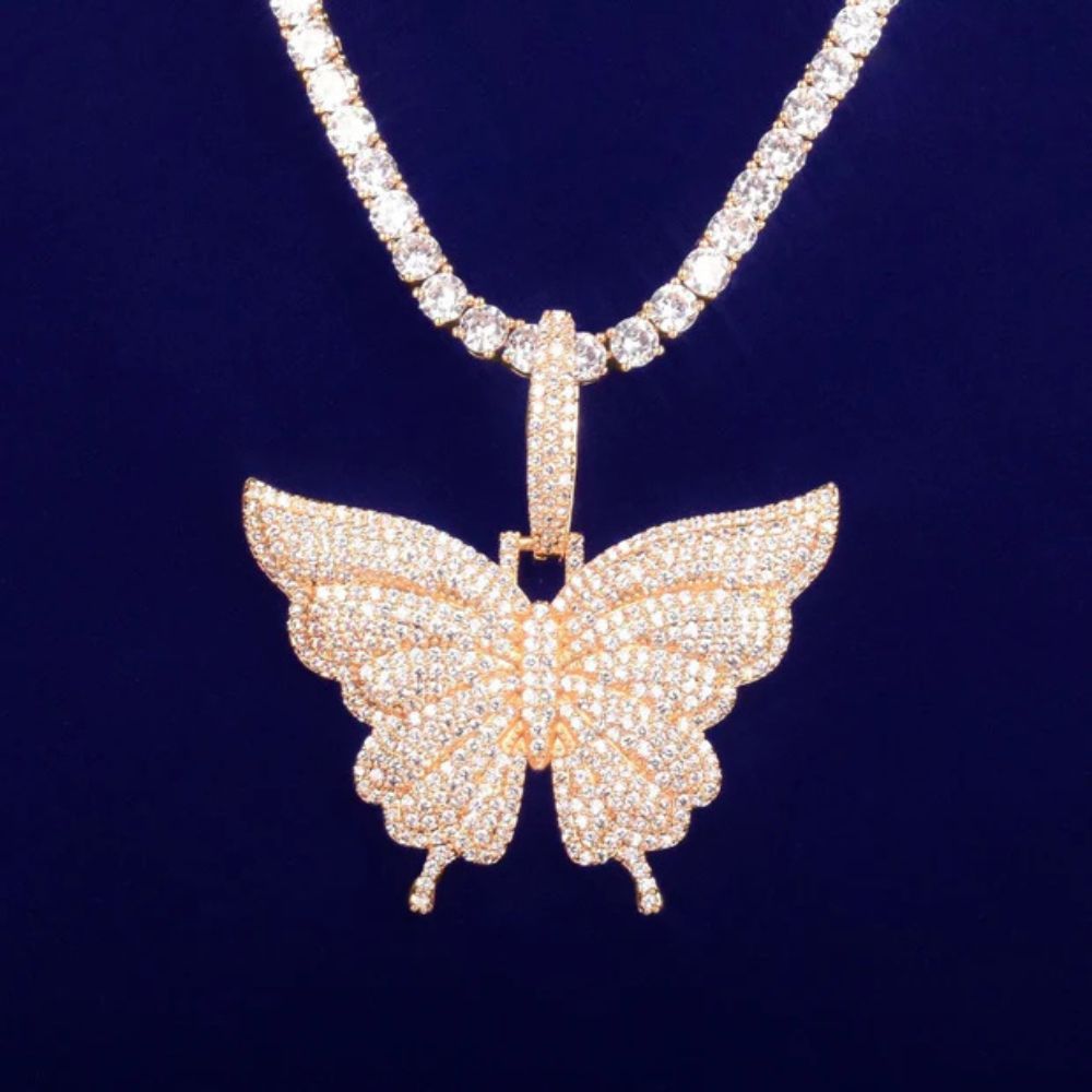 Round Cut Iced Out Lab Grown Diamond Butterfly Pendant