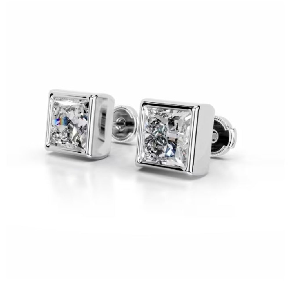 Princess Cut Moissanite Bezel Set Solitaire Earring