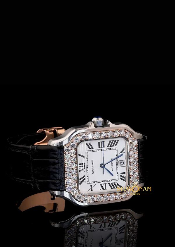 Moissanite Diamond Dual Tone Leather Belt Luxury Watch For Men's