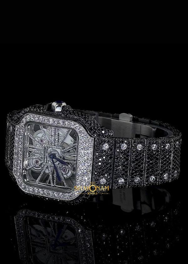 White & Black Moissanite Iced Out Skeleton Watch For Men's