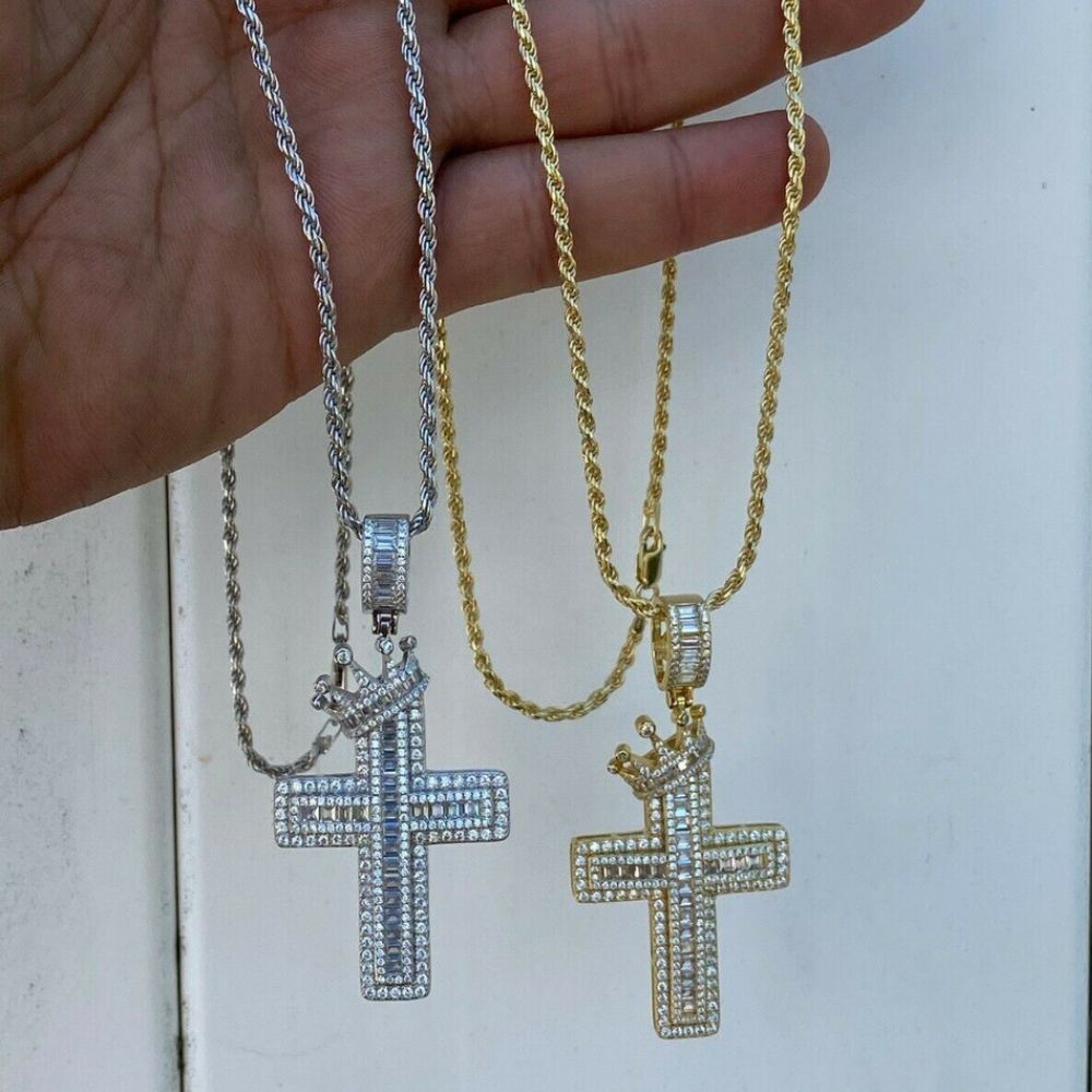 Iced Out Moissanite Diamond Cross With Crown Pendant