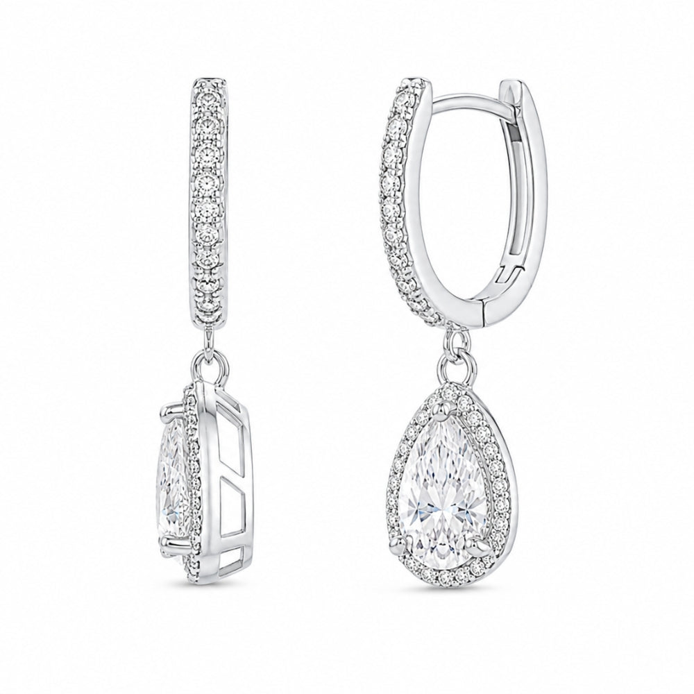 Pear & Round Cut VVS1 Moissanite Halo Style Drop Earrings