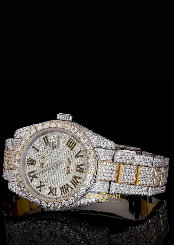 Roman Numeral Dual Tone Iced Out Moissanite Watch