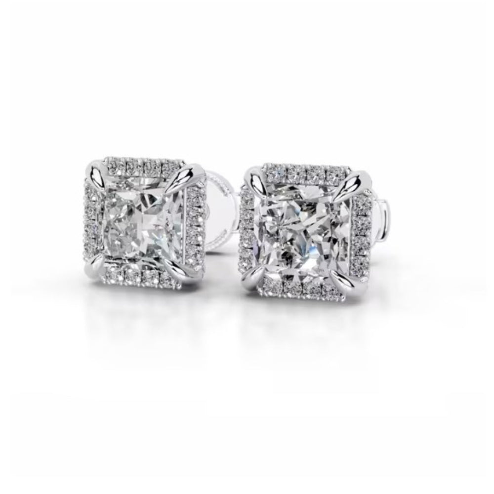 Moissanite Princess Cut Hidden Halo Women Stud Earring