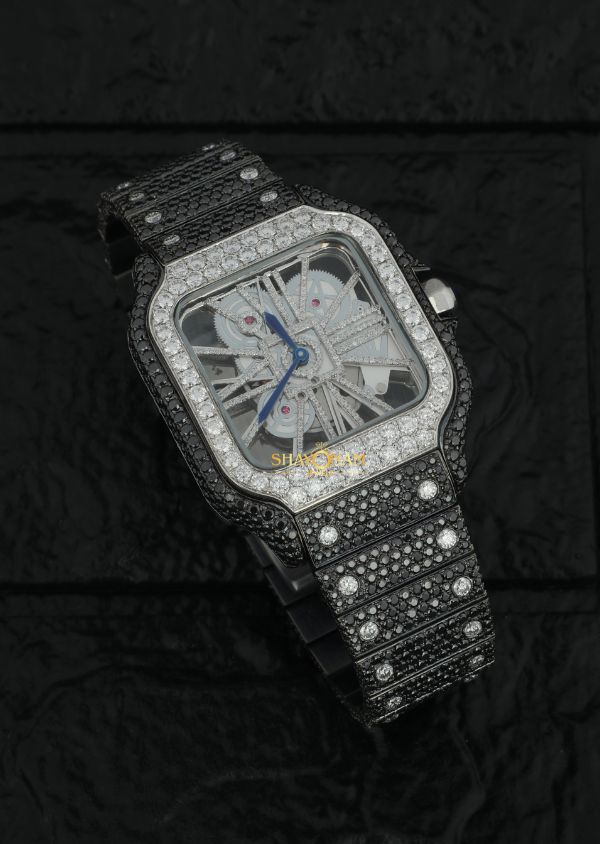 Black Moissanite Diamond Iced Out Skeleton Watch