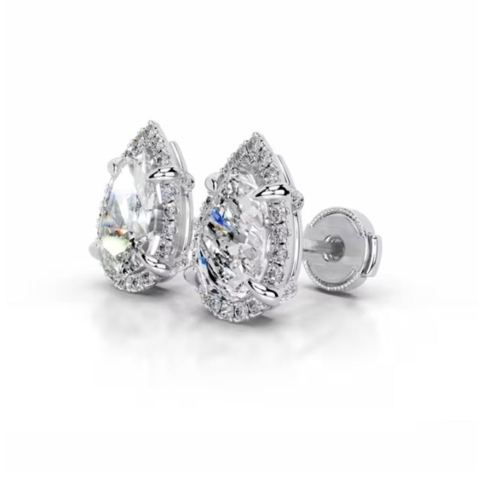 Pear Cut Moissanite Hidden Halo Style Stud Earring