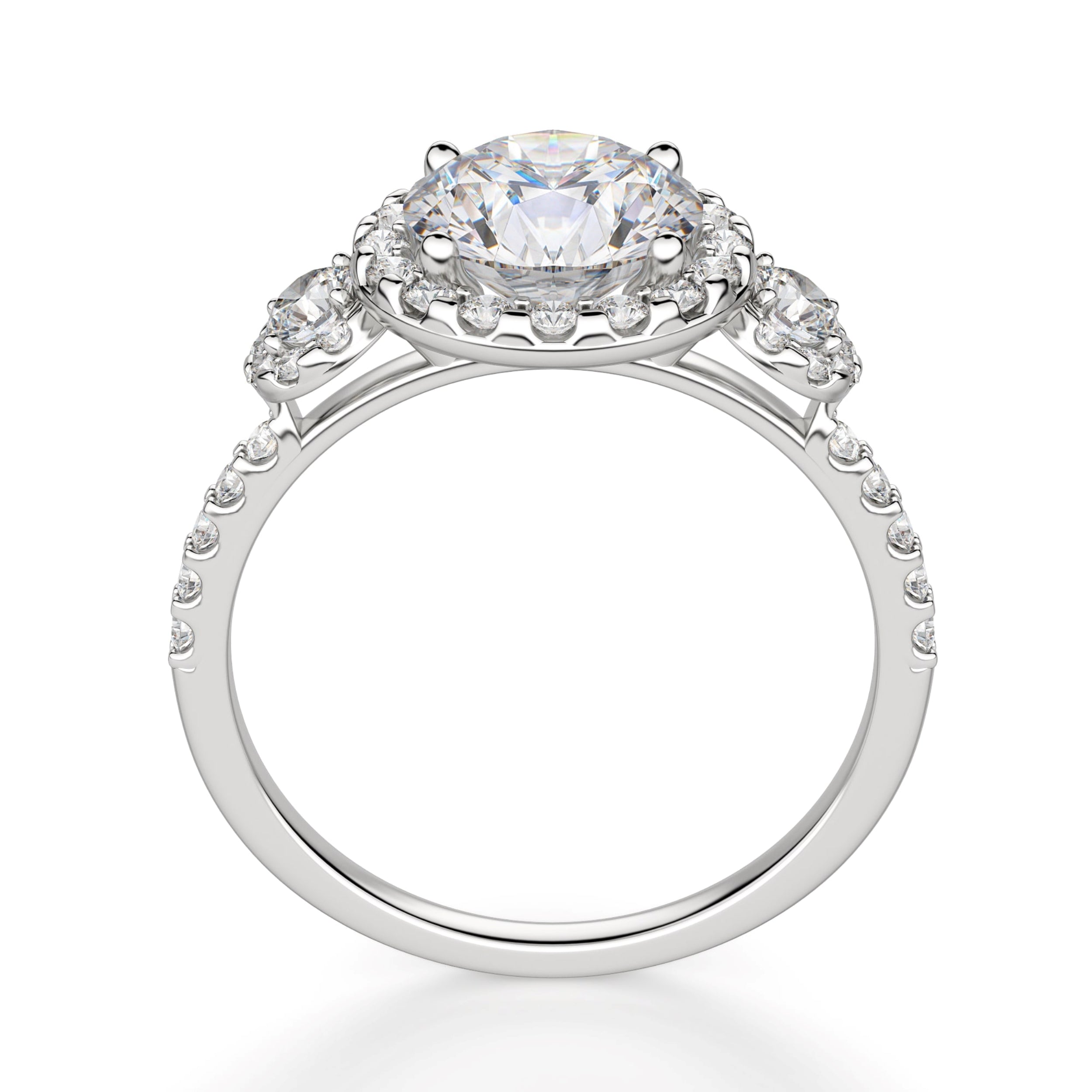 Brilliant Round Cut Three Stone Halo Engagement Ring