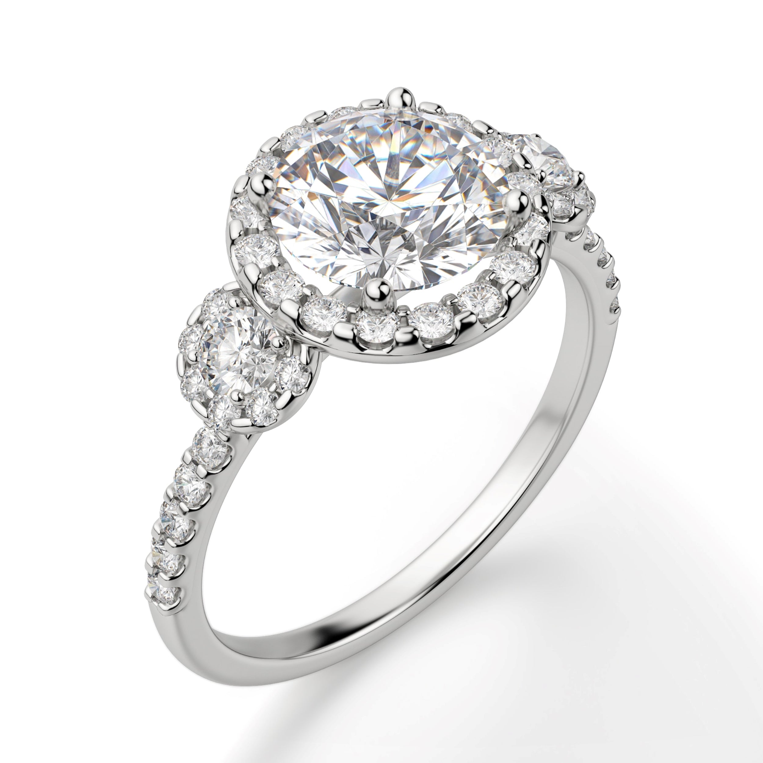Brilliant Round Cut Three Stone Halo Engagement Ring