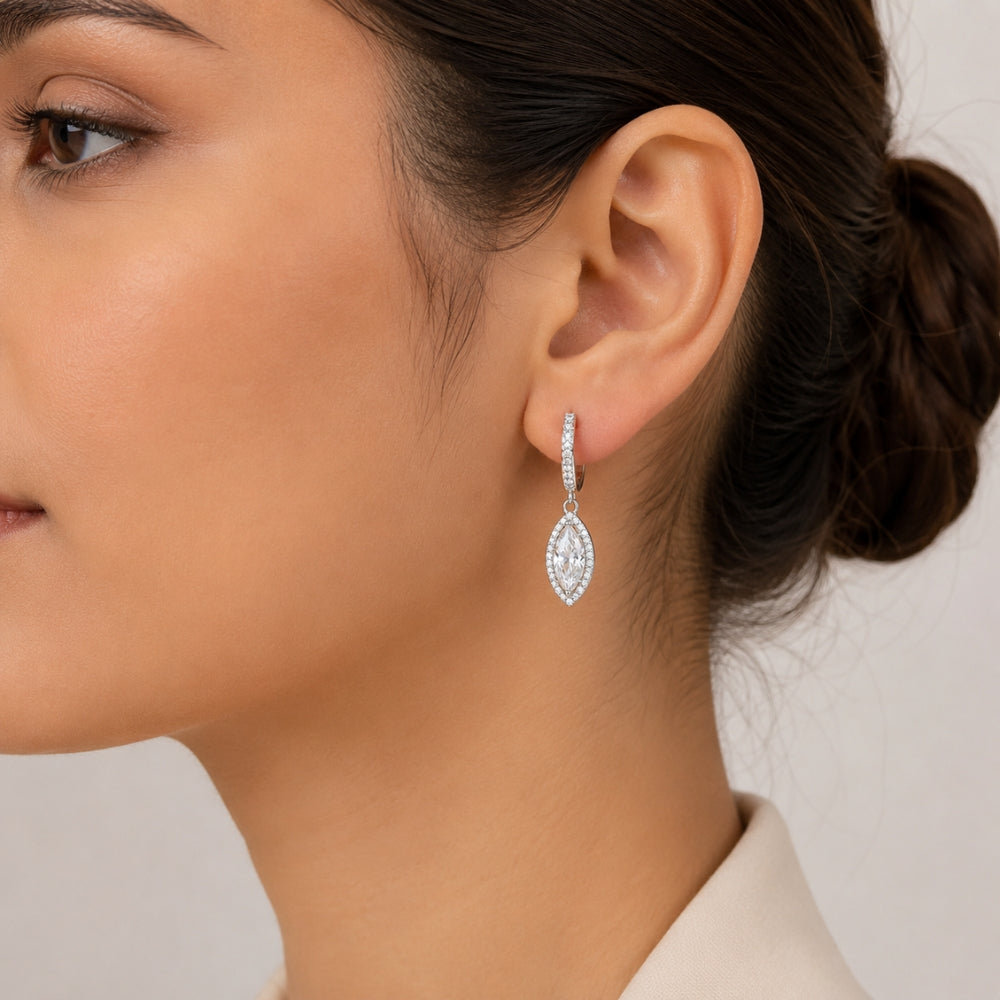 Colorless Moissanite Marquise Cut Halo Style Drop Dangle Earrings