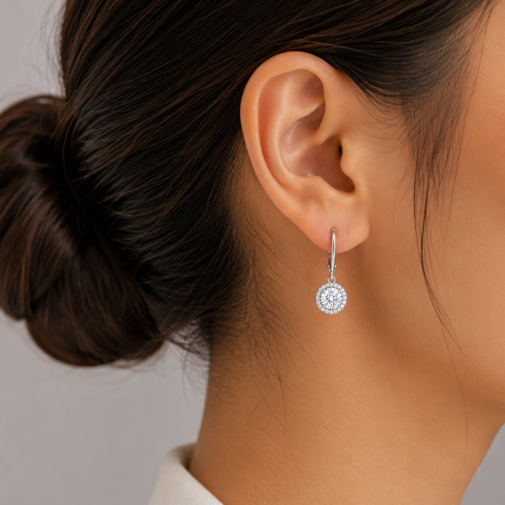Round Cut Moissanite Halo Style Women's Drop Dangle Earrings