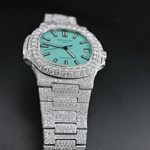 Blue Dial Patek Iced Out Moissanite Hip Hop Luxury Watches