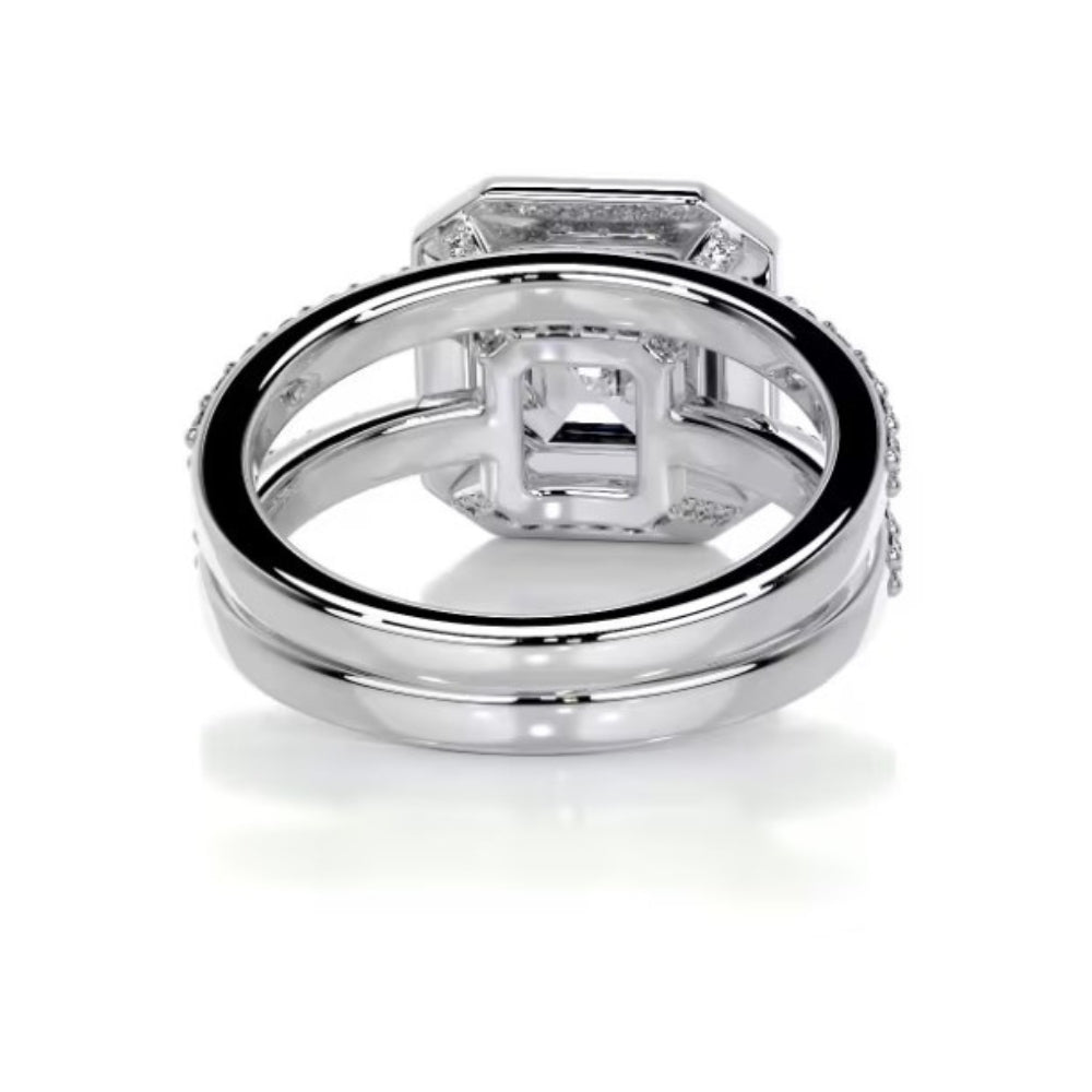 Asscher Cut Moissanite Halo Wedding Ring Set