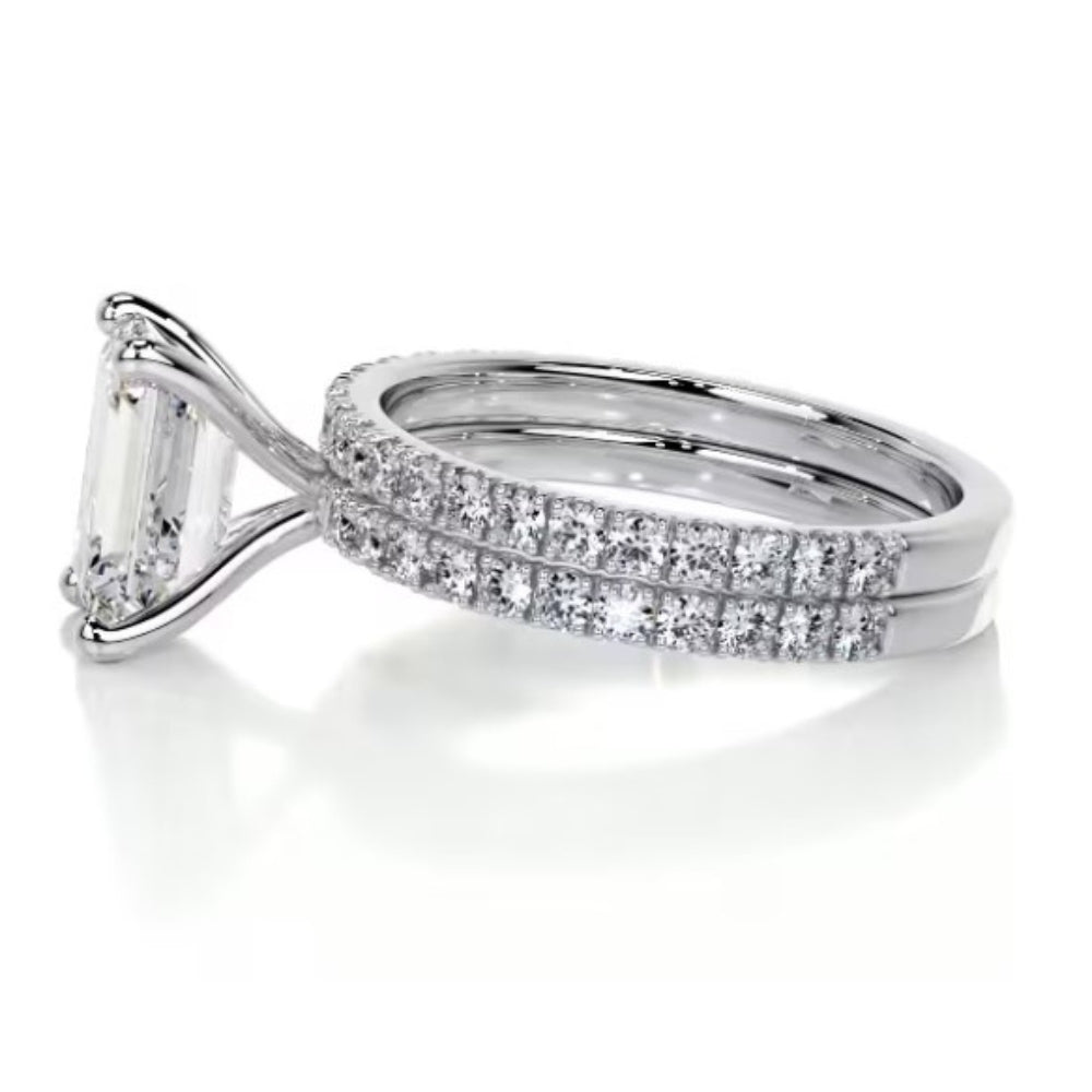 Emerald Cut Pave Set Colorless Moissanite Wedding Ring Set