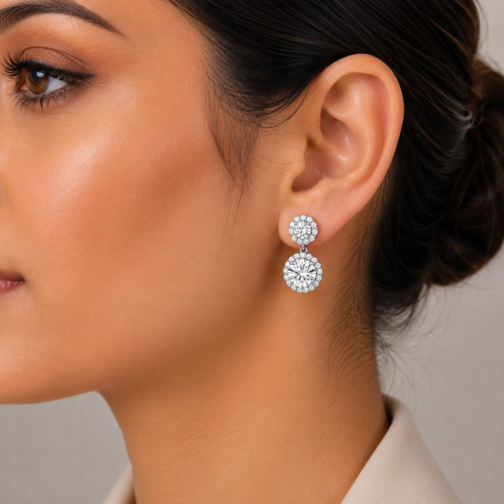 VVS1 Moissanite Round Cut Halo Style Drop Dangle Earrings