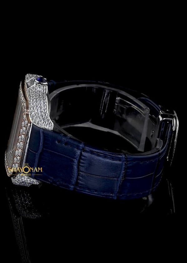 Dual Tone Moissanite Diamond Skeleton Leather Belt Watch