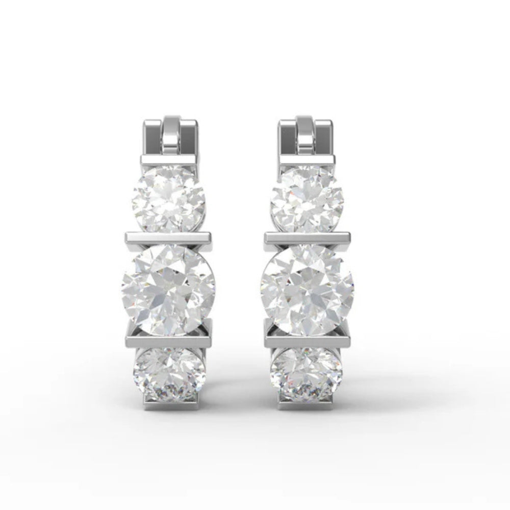 Round Cut Three Stone Moissanite Hoop Earrings