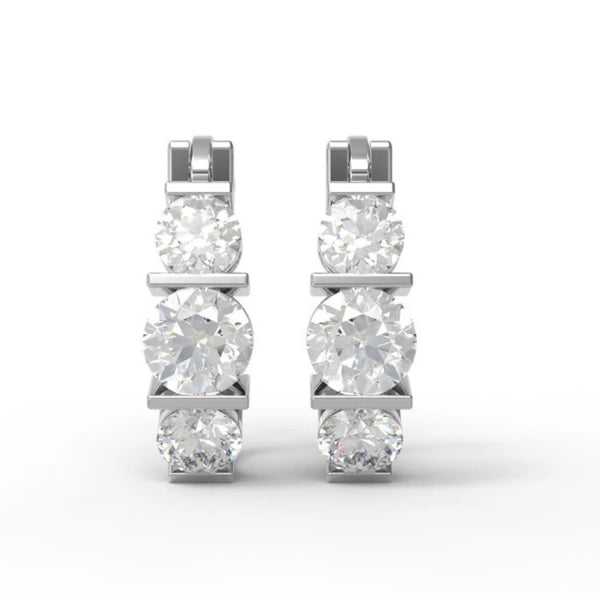 Round Cut Three Stone Moissanite Hoop Earrings