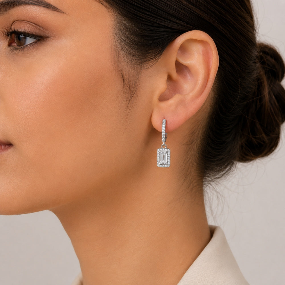 Emerald Cut Moissanite Halo Style Classic Earrings Gift For Women